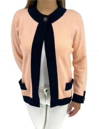 Auth Chanel Vintage Cashmere Coco Mark Cc Knit Cardigan Pink Dark Blue Rankab