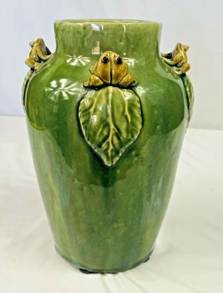 Vintage Arts & Craft Style 9 " Pottery Green Vase 4 Figural Tree Frogs Signed