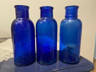 3 Large 7 " Antique Cobalt Blue Apothecary Bottles,  Medicinal,  Vintage Glass,