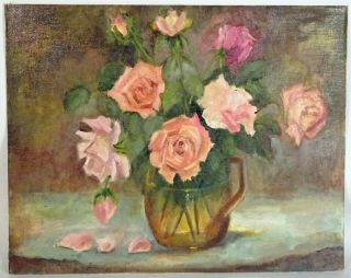 Vintage Shabby Chic Floral Still Life Oil Painting,  20 " X 16 ",  Pink Roses