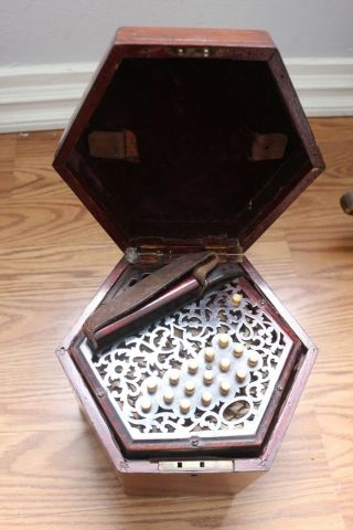 Antique Concertina Hexagonal Squeeze Box Accordion In Case For Restoration