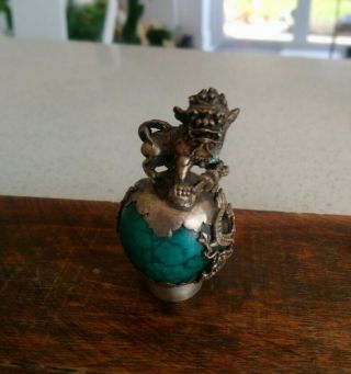 Chinese Tibetan Silver & Veined Green Stone Foo / Fu Dog,  Lion,  Dragon Figurine