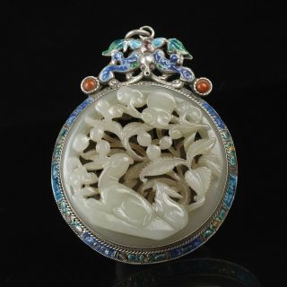 Antique Chinese Inlay Coral Bead And Pale Green Jade Rabbit Silver Crane Pendant