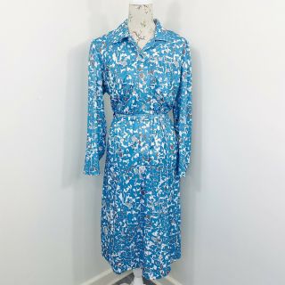 Vintage 60s 70s Kenwall Shirt Midi Dress Long Sleeve Blue White Fit Size 16 - 18