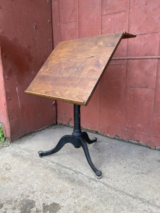 Antique Dietzgen Drafting Table Cast Iron Industrial Office Desk Wood Cranking