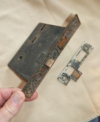Vintage Mortise Door Lock Ornate Brass Face Plate & Jamb Plate No Key Reclaimed