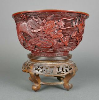 Fine Antique Chinese Cinnabar Carved Lacquer Imperial Dragon Flying Ocean Bowl