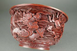 Fine Antique Chinese Cinnabar Carved Lacquer Imperial Dragon Flying Ocean Bowl 3