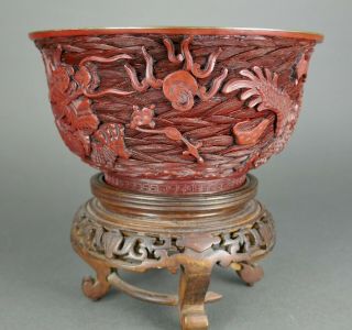 Fine Antique Chinese Cinnabar Carved Lacquer Imperial Dragon Flying Ocean Bowl 4