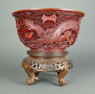 Fine Antique Chinese Cinnabar Carved Lacquer Imperial Dragon Flying Ocean Bowl 5