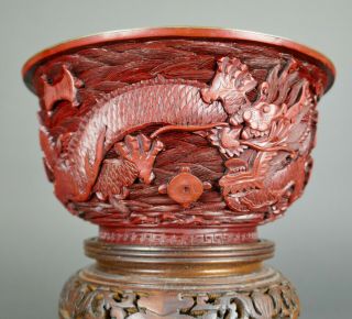 Fine Antique Chinese Cinnabar Carved Lacquer Imperial Dragon Flying Ocean Bowl 6