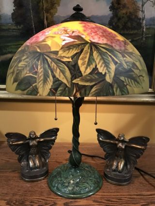 Nr Bradley Hubbard Arts Crafts Reverse Painted Antique Vintage Lamp Handel Era
