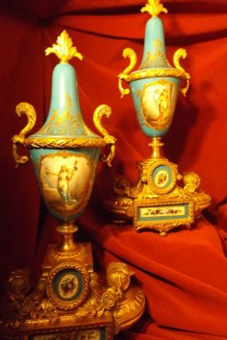 Pr.  French Sevres Style Louis Xvi Blue Celeste Urns With Gilt Bronze