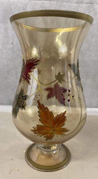 Tall Footed Glass Vase With Hand Painted Flowers 10.  5” Height