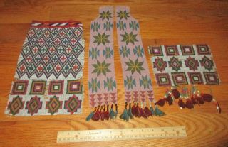 Antique Early Native American Plains Indians Beadwork Bag & Fragment W/ 2 Sashes