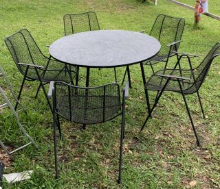 Russell Woodard Set 5 Sculptura Iron Mesh Patio Dining Chairs & Slate Top Table