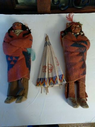 Antique Skookum Indian Dolls Set W/ Tipi Teepee