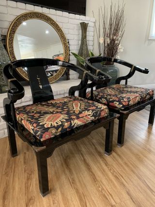 James Mont Style Chinese Black Lacquer Horseshoe Back Club Chairs 1970 