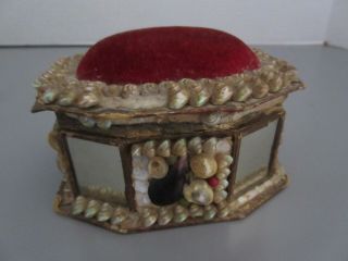 Antique Victorian Sailor Valentine Shell Art Pin Cushion Trinket Box W/mirrors