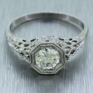 1920s Antique Art Deco Platinum 0.  75ct Diamond Filigree Engagement Ring
