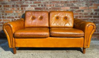 Vintage Retro Danish 1970 Tan Coloured Two Seater Leather Sofa