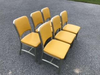 6 Emeco Navy Chairs W/ Butter Yellow Upholstery: Mcm,  Mid Century,  Industrial