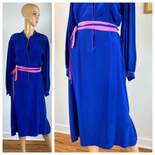 Vtg Francesca Of Damon Neiman Marcus Silk Royal Blue & Pink Belted Dress M L
