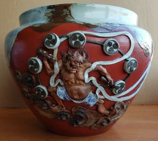 Sumidagawa Pot Jardiniere Antique Japanese Pottery Sumida Gawa Raijin Signed