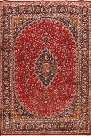 Vintage Red Traditional Floral Kashmar Area Rug Hand - Knotted 10x13 Ft