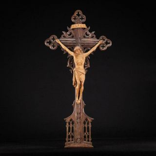 Altar Crucifix | Standing Wooden Cross | Wood Carved Corpus Christi Antique 24 "