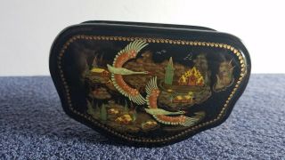 Vintage Asian Lacquer Hinged Lid Jewelry Trinket Box Scene C6