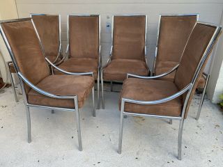 Set Of 6 Mid Century Modern Milo Baughman Chrome & Suede Dining Chairs