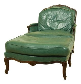 F51796ec: Green Leather French Style Bergere Chair & Ottoman