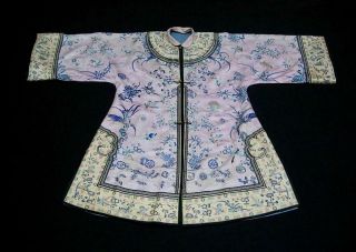 A Antique Chinese Embroidered Lavender Ground Silk Jacket Robe