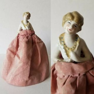Deco Half Doll Porcelain Lady Lamp Shade Boudior Vanity Taffeta Dress Pink Sweet