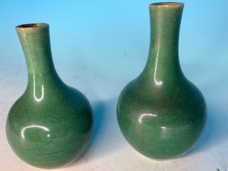 PAIR SMALL CHINESE CRACKLE GREEN GLAZED ANTIQUE BOTTLE VAESS 2