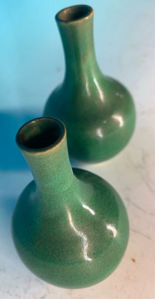 PAIR SMALL CHINESE CRACKLE GREEN GLAZED ANTIQUE BOTTLE VAESS 3