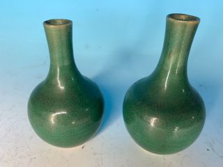 PAIR SMALL CHINESE CRACKLE GREEN GLAZED ANTIQUE BOTTLE VAESS 4
