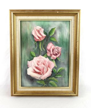 Vintage Mid Century Floral Watercolor Painting Of Flowers Pink Roses Signed
