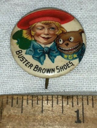 Antique Celluloid Pinback Button Buster Brown Tige Shoes Vintage Clothing Old