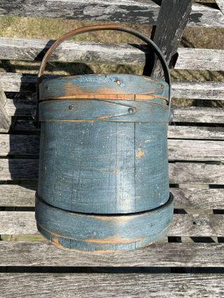Outstanding Antique 19th C.  Firkin/sugar Bucket In Blue Paint Aafa.