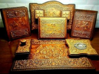 Leather Desk Set 7 Piece - Vintage French Tooled Leather - Quality
