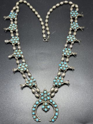 Fab Navajo Squash Blossom Sterling Silver And Turquoise Vintage Antique Necklace
