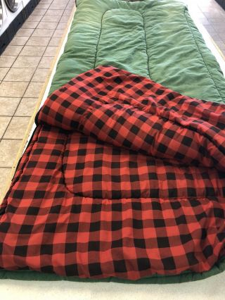 Vintage Coleman Sleeping Bag Green 33x75 Red Check Liner