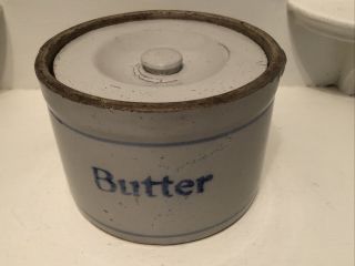 Antique Country Stoneware Stencil Butter Crock W/lid 6” Diameter