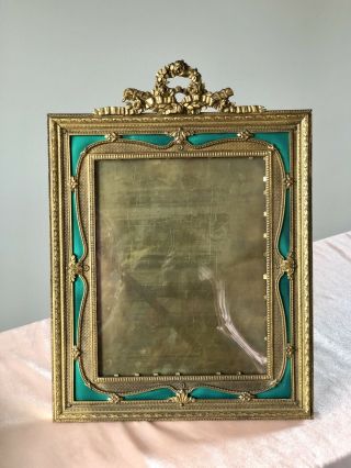 French Antique Gilt Bronze Enamel Large Picture Frame Convex Glass Vtg