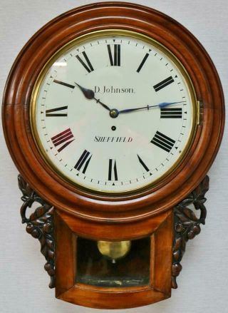 Antique English 8day Single Fusee Carved Mahogany Timepiece Drop Dial Wall Clock