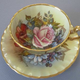 Antique Aynsley English Bone China Gilt Footed Cup,  Saucer Bailey Roses Flowers