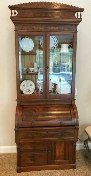 Antique Victorian Cylinder Secretary Desk With Bookcase/display Top