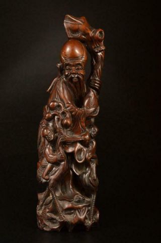 E3588: Chinese Wooden Jurojin Statue Sculpture Ornament Figurines Doll